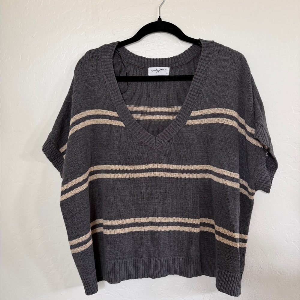 CJLA Rae Sweater Charcoal and Cream Striped V-Neck Size M